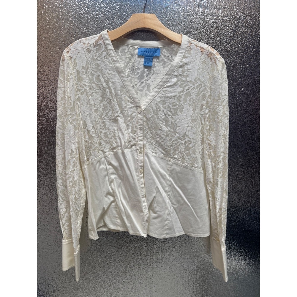 Doncaster Sport Ivory Lace Panel Button Down Long Sleeve V-Neck Blouse Top